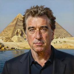 portrait oil painting of robert de niro as robert the nilo river, egypcian, pyramids, nilo river, ultra realistic, intricate details, luminous skies, highly detailed, michael cheval, peter mohrbacher, boris vallejo, jessica rossier, oil painting, highly detailed, cinematic lighting