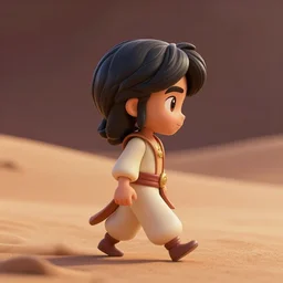 profile view of young heroic aladdin as nendoroid walking in a desert in the croods movie style, anime, disney, pixar, 8 k, hd, dof, kodak film, volumetric lighting, subsurface scattering, photorealistic, octane render, details