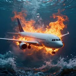 luxurious airplane on blazing intense fire submerged underwater with bubbles and smoke, unreal engine, cinematic, waves, horror element, highly detailed, by peter mohrbacher, james jean, james gilleard, greg rutkowski, vincent di fate, rule of thirds, octane render, beautiful