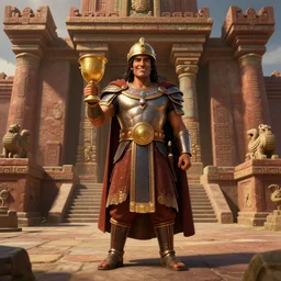 smiling spanish conquer soldier holding golden cup on a inca temple, game character concept art, wide view, high detailed, full perfect, symmetrical portrait, high detail, by craig mullins, peter mohrbacher, unreal engine, octane rendered, 8 k, dark beauty, trending on artstation