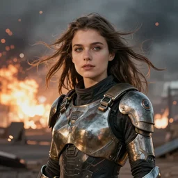 portrait cinematography of beautiful young female, clothed in sci-fi military armor, long hair blowing in the wind. Future war zone explosions. by Anita Sadowska