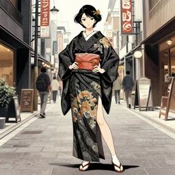 a full - body portrait of a young japanese woman standing in harajuku street, confident pose, intricate, elegant, sharp focus, illustration, highly detailed, concept art, matte, trending on artstation, anime, art by frank frazetta, strong strokes