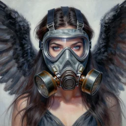 angel in gasmask, detailed body, beautiful eyes, dark colors, acrilic paint, brush paint, heavenly atmosphere, paint, ultra detailed, beautiful image, resolution, artstation