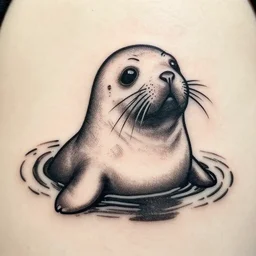 tattoo design, stencil, fine line art, seal coming out of water with ripples around its face, artgerm,