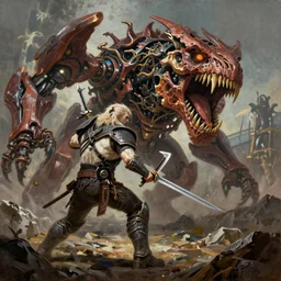 Geralt fighting a Thunderjaw machine from Horizon Zero Dawn in the style of an oil painting