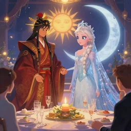 a cinematic portrait of wedding photograph jpeg close up moment of a divine a japan sun god and moon goddess lovers magician at a wedding banquet. portraiture. digital painting. artstation. concept art. wedding photo. illustration. frozen ii art masterpiece by art by krenz cushart