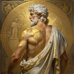 painted back portrait of rugged zeus greek god by greg rutkowski craig mullins artgerm alphonse mucha streaked gold paint, white hair handsome muscular upper body mature flowing robe [ ancient greek motifs ] background fantasy intricate elegant detailed digital painting concept art artstation sharp focus illustration