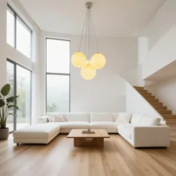 Minimalistic Livingroom with a staircase, wooden floor, white L shaped couch, wooden coffee table, Big chandelier, Big Windows, Yellow Lights