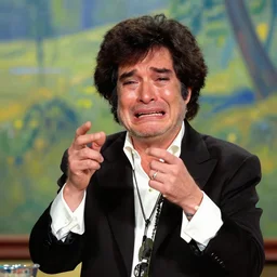 bob ross crying with bob ross painting as a backdrop