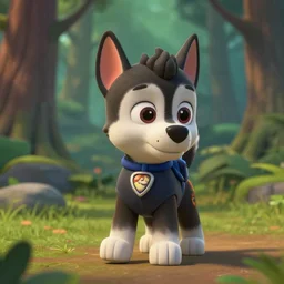 paw patrol dog, black metal husky, as nendoroid walking in a forest in the croods movie style, anime, disney, pixar, 8 k, hd, dof, kodak film, volumetric lighting, subsurface scattering, photorealistic, octane render, details
