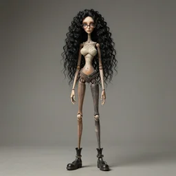 a tall, stick - thin, young woman with long, curly black hair and glasses, intricate details, gawky figure