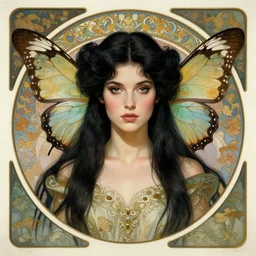 centered portrait, Ellen Paige as a D&D Fae, black hair, butterfly wings, Art Nouveau, beautiful retro Fantasy heroine 1985, intricate, elegant, highly detailed, centered, digital painting, trending on artstation, concept art, smooth, sharp focus, illustration, art by raphael lacoste, eddie mendoza, Mucha, alex ross, WLOP