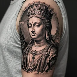 engraving-style tattoo of regal female boddhisatva, albrecht durer, hans holbein, gustave dore, lucas cranach