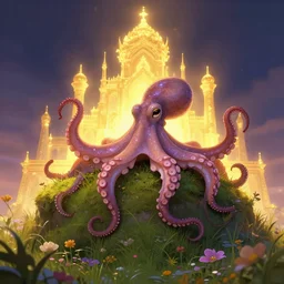 a octopus on top of a flowery grassy golden godly glowing temple fantasy, rim light, lighting, winy, artstation, digital art.