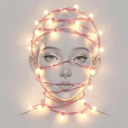 pink string christmas tree lights wrapped around a human face, sketch illustration, disney concept art, soft glow, dappled light, portrait art, backlit, indie studio, fantasy, rim lighting, intense, powerful, emotional, powerful, epic composition, noise, texture, rule of thirds, dappled light,