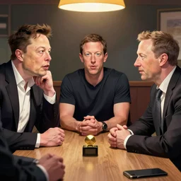 comic scene of elon musk, mark zuckerberg, jeff bezos, in meeting together, very detailed, art contest winner on behance, trendy on deviant art, by by artgem