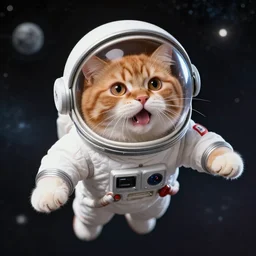 1 9 8 0's color photo of hissing cute ginger cat in spacesuit with helmet, floating in deep space