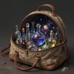 An universe  inside ampoules and alambics in a surreal ancient doctor's bag, trending on artstation