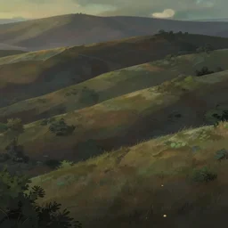 windy hillsides. award - winning 3 d anime by an indie studio, heavily stylized, rimlighting, depth of field, limited palette, impressionism, chiaroscuro, bokeh.