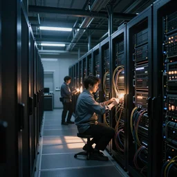 Artificial general intelligence, data center, server farm, dark lighting, soft glows, photograph, engineers working on wires