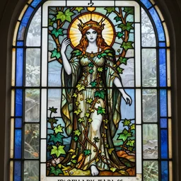 a stunningly detailed tarot card stained glass window of a beautiful poison ivy with white skin wearing a long floor length dress made of vines as a medieval druid queen, dark eyeliner, intricate, elegant, highly detailed, digital painting, artstation, concept art, sharp focus, illustration, art by greg rutkowski and alphonse mucha