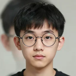 portrait image of a cute androgynous young man with black hair and circular glasses, clean shaven, trending on artstation, facial symmetry, by beeple, chibi style, soft lighting, post processing, blur