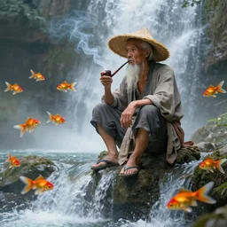 a wise old Chinese man wearing a rice hat, sitting on top a waterfall, smoking a pipe, with goldfish floating in the air, extremely high detail, artstation, behance, digital art masterpiece painting