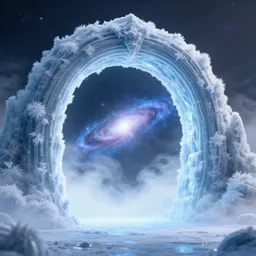 interdimensional galaxy portal covered in frost, ice gate, volumetric light, volumetric fog, unreal engine, photorealistic, 8 k