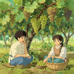 buddhism, grape picking, in the style of studio ghibli, j. c. leyendecker, greg rutkowski, artem