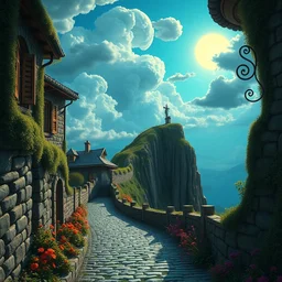 curled perspective digital art of curly clouds cobblestone street with wildflowers to a cliff in top of a deep blue see by anton fadeev from nightmare before christmas
