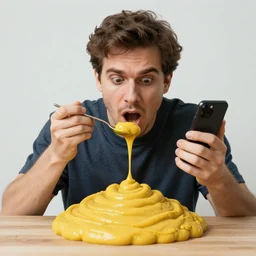 low quality cellphone picture of an overwhelmed man eats a gigantic pile of mustard with a spoon