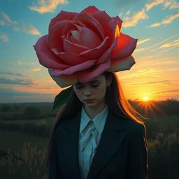 portrait, giant rose flower head, girl in a suit, surreal photography, sunrise, blue sky, dramatic light, impressionist painting, digital painting, artstation, simon stalenhag