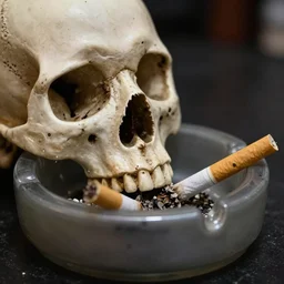 close up of half of a human skull used as ashtray for cigarette butts, dark blurry background