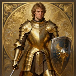 Portrait of Pedro Perestrello as a paladin wearing gold full plate armor and wielding a shield, fantasy, intricate, elegant, highly detailed, digital painting, artstation, concept art, matte, sharp focus, illustration, art by Artgerm and Greg Rutkowski and Alphonse Mucha