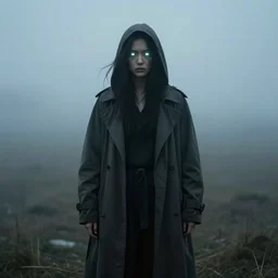 figure glowing eyes wearing duster, misty atmospheric ominous perspective
