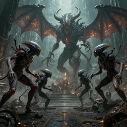 Aliens fighting Demons, high detail, 8k, ornate, dark fantasy, realistic, masterpiece, complex, WLOP, film still from the movie directed by Denis Villeneuve with art direction by Pablo Picasso and Greg rutkowski, Alex Gray, wide angle