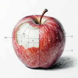 schematics of an apple, davinci style, paper drawing, highly detailed, accurate from reality, usable to replicate, 8 k