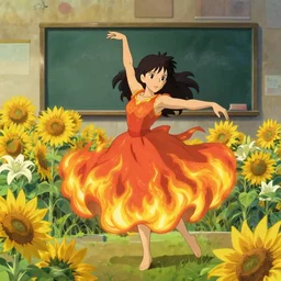 beautiful young girl dancing in a fiery dress in a beautiful field of sunflowers and lilies, classroom, in the style of studio ghibli, j. c. leyendecker, greg rutkowski, artgerm