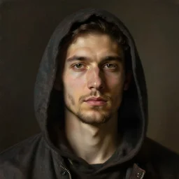 a portrait of a hooded man in the style of george underwood