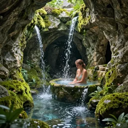 A very beautiful picture. Stone grotto overgrown with moss. Water flows along the walls of the cave Woman takes a bath. Octane render. maya render. Photorealism. High detail. artstation trends. Wow. 4k.