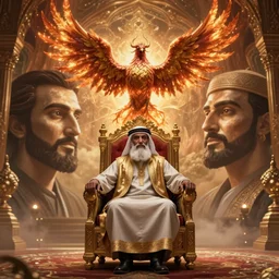 arabian hasan - i sabbah old man on throne chair rising as a phenix + face of nicolas cage + epic wide scene, cinematic lighting, artgerm, artstation, deviantart, 8 k, high detailed