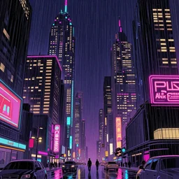 cyber punk, futuristic, neo Chicago, blade runner city concept art, in the style of Syd Mead, award winning illustration, neon lights, raining