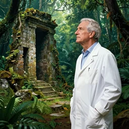 male older scientist explorer looking at ruins in jungle, elegant, high quality, striking, high contrast, very detailed, bright colours, smooth, fluid, coherent, high quality, dramatic lighting, by brom and magali villeneuve and mucha