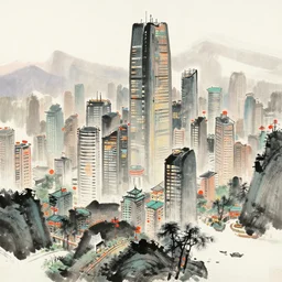 cyber alien city, style by qi baishi