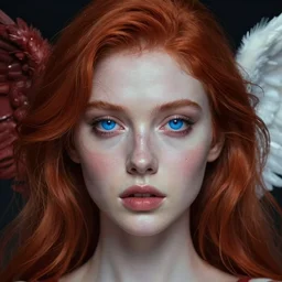 a portrait of a beautiful woman with red hair and blue eyes, half surrealism half futurism, centered face, the left side of her face is diabolic, the right side of her face is angelic, digital art by Ross Tran and Angel Ganev highly detailed, trending on artstationhq