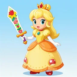 Princess Daisy of the mushroom kingdom in a yellow and orange dress holding a floral sword, 4k, 100lb cardstock, floral sword