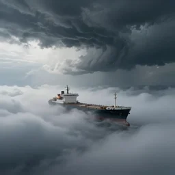 large lonely ship drifting amongst the clouds and fog with heavy dark storm beautiful Concept art