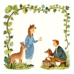 fauna vine vignette game asset vector art, smooth style, illustrated by peggy fortnum and beatrix potter and sir john tenniel