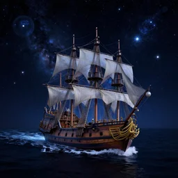 photograph of a pirate ship traveling through a sea of stars, mind-boggling cosmic geometry, interstellar, concept art, NASA, 4K, Detailed, HDR