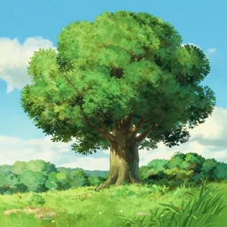 a landscape of a single tree with bushes nearby, studio ghibli, castle in the sky, animated, anime, illustrated, vibrant, by greg rutkowski, by miyazaki, on artstation